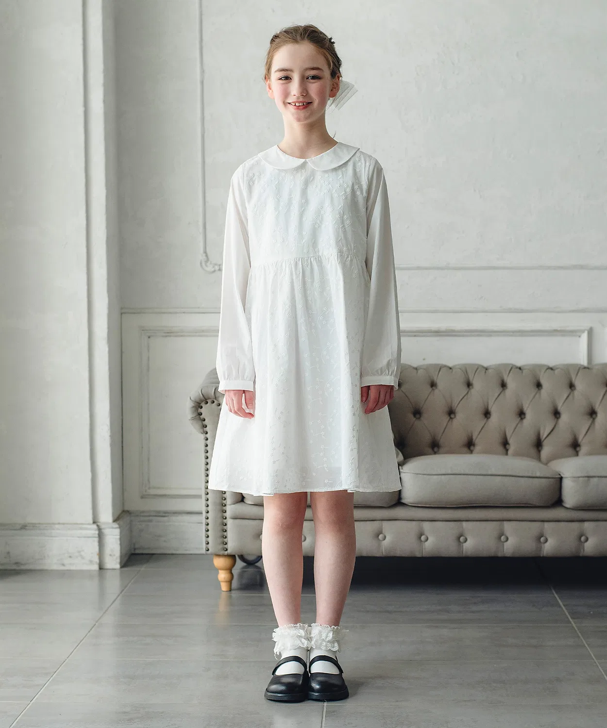 Детское платье для девочек с вышивкой, модель Embroidery Round Collar DRESCCO, White