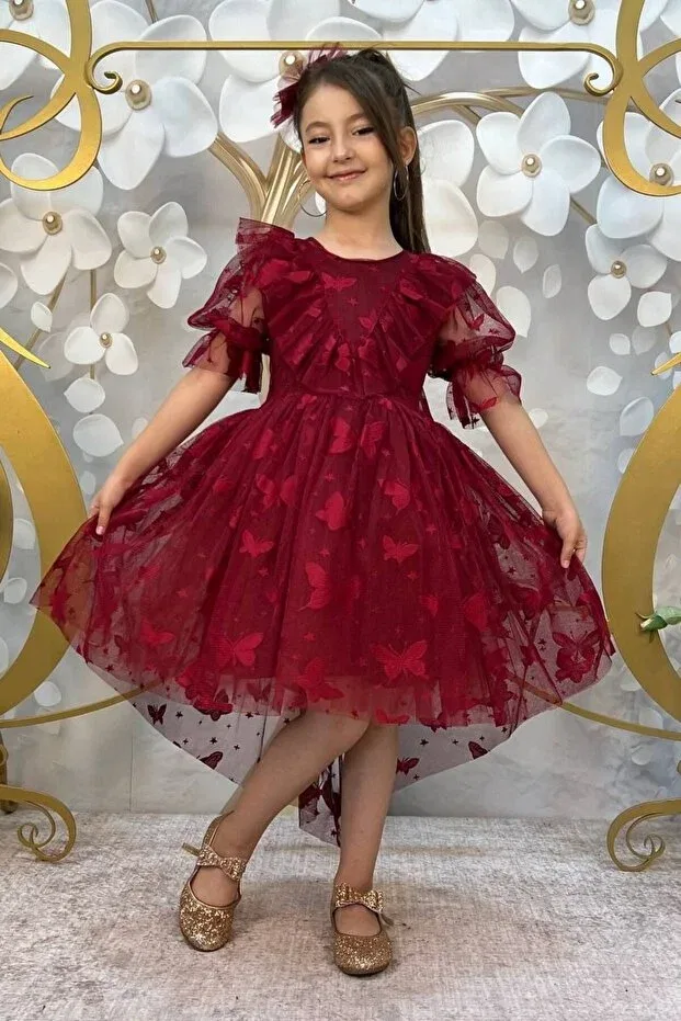 Детское вечернее платье для девочек с принтом Butterfly patterned tailed children's evening dress Abiyekids, Burgundy
