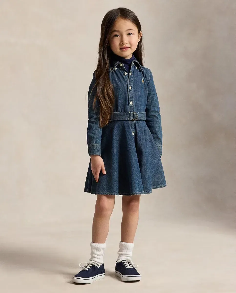 Детское платье-рубашка из денима с длинным рукавом Polo Ralph Lauren, Azul índigo — фото 2