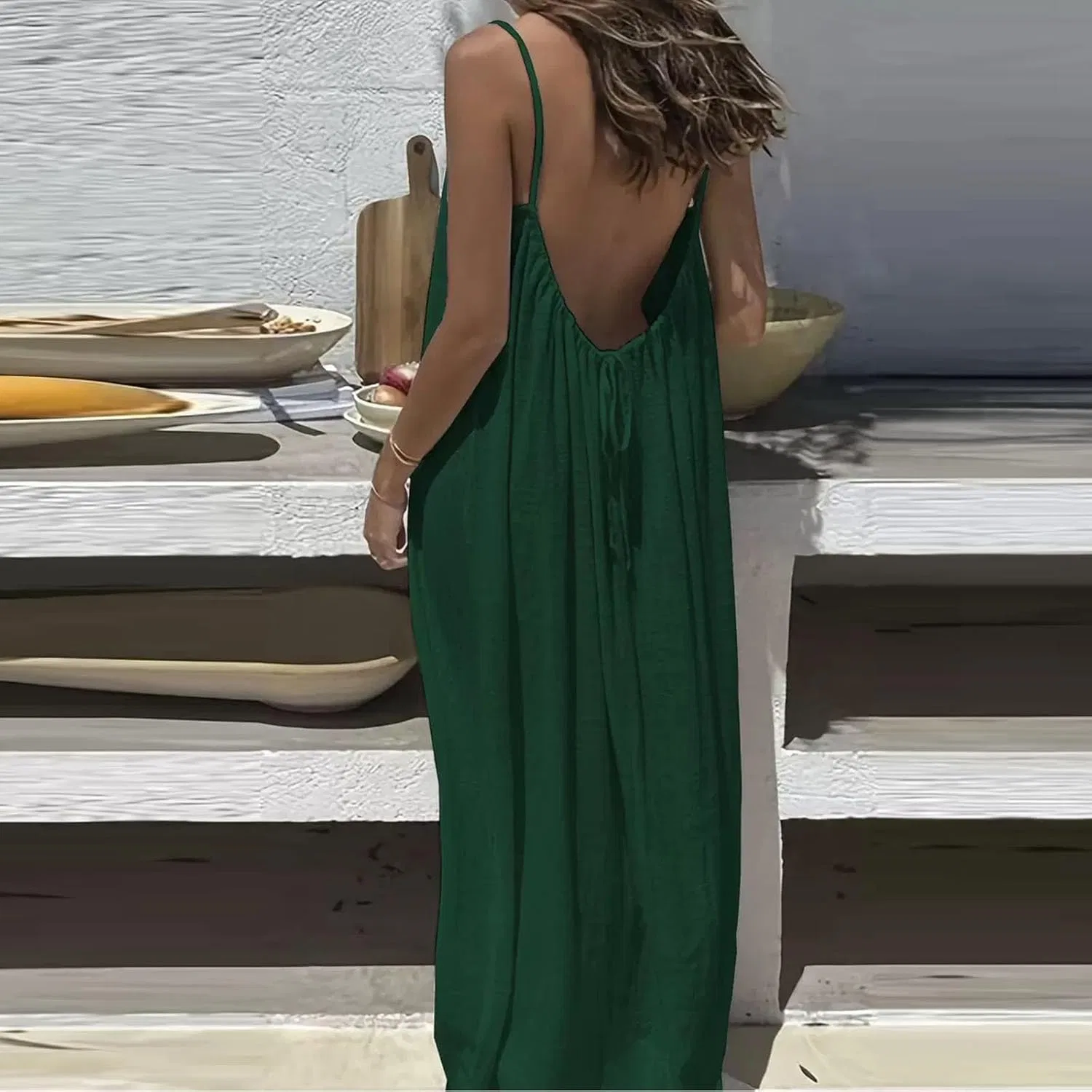 Женское пляжное платье-накидка с открытой спиной Linen Sundress, Green — фото 3