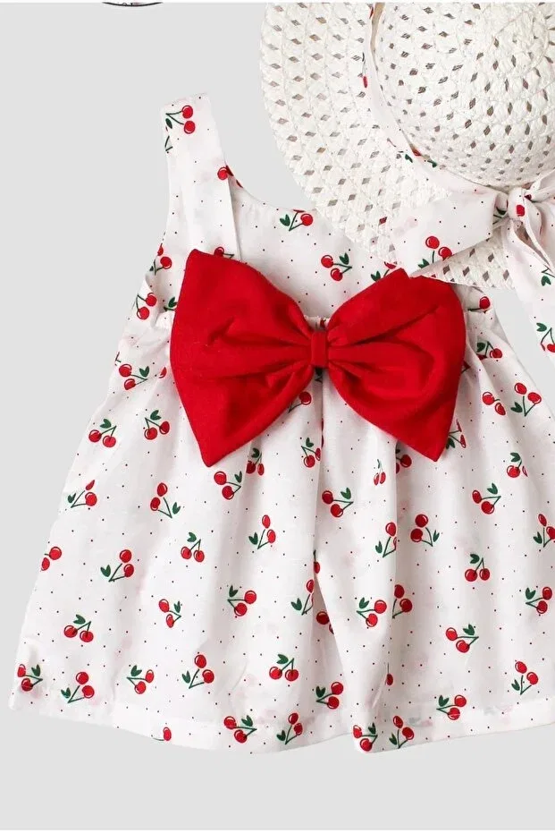 Детское платье для девочек с принтом Cherry patterned hat and bow detailed baby girl dress Chicsy Baby, Red — фото 4
