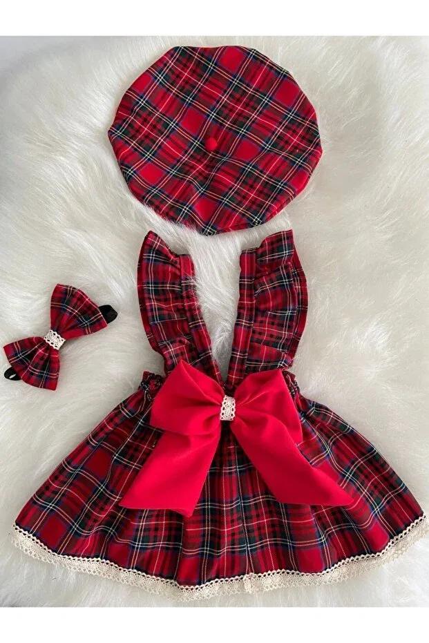Детский комплект платьев для девочек с кружевом Bandana Hat Set Moda Lina, Red