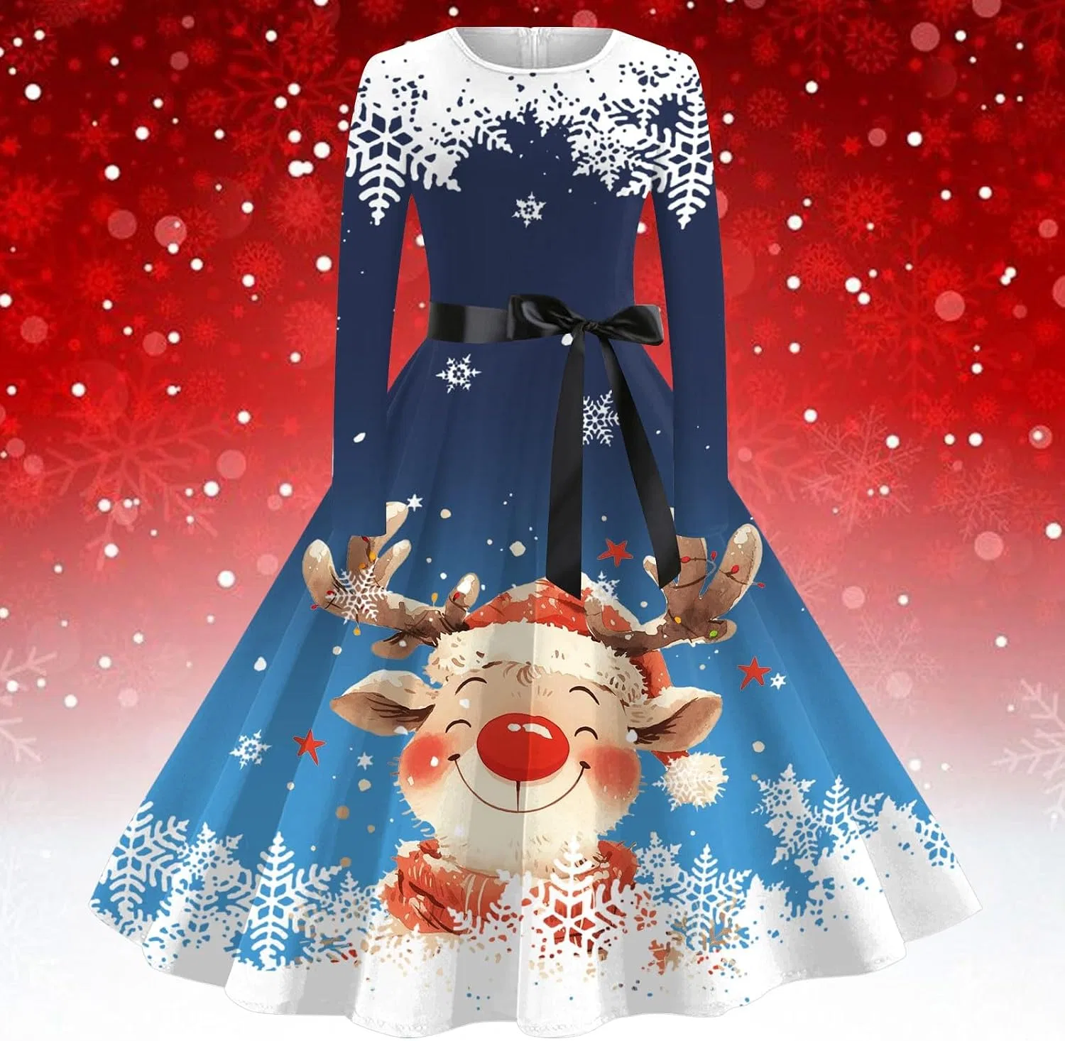 Женское платье-трапеция с принтом, с длинным рукавом, Christmas Dresses for Women, синий — фото 2