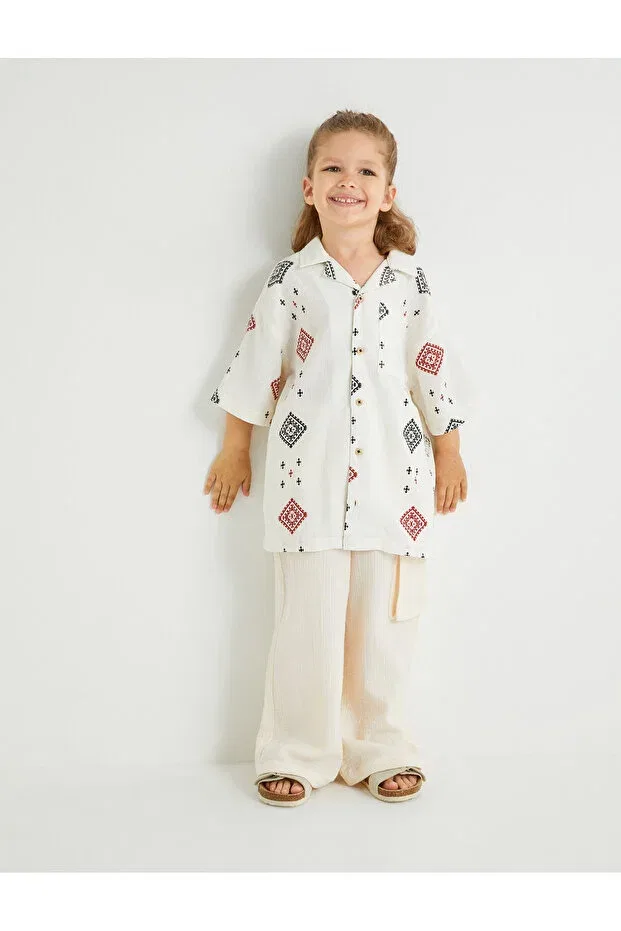 Детская рубашка с коротким рукавом, хлопковая, Basics, Koton, Ecru Patterned