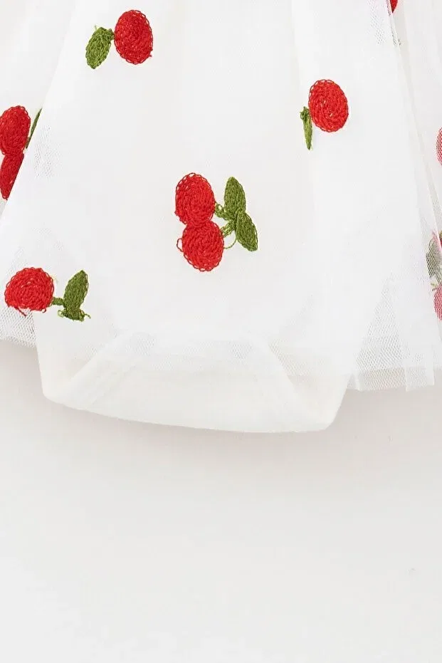 Детское платье для девочек хлопковое Cherry Detailed Tulle Dress Beniizle, White — фото 2