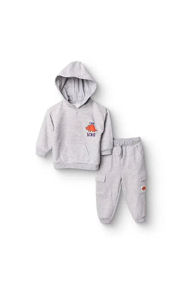 Детский для мальчиков спортивный костюм с капюшоном Cool Dino Tracksuit Set Ebebek Hello Baby, Gray Melange