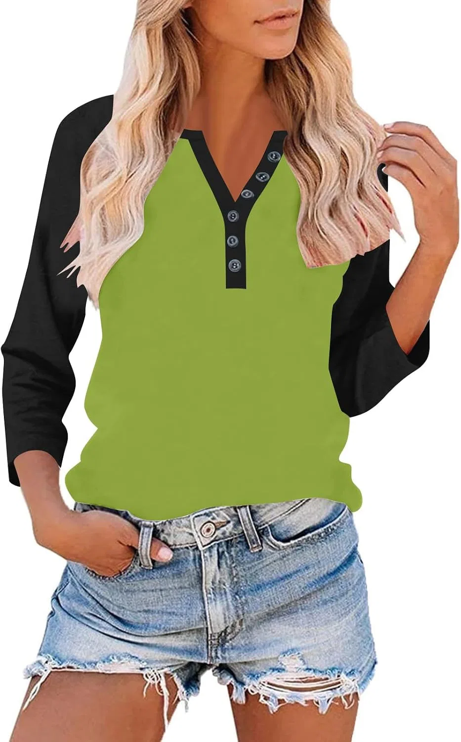 Женская футболка с V-образным вырезом и рукавом 3/4 Color Block, Green — фото 2