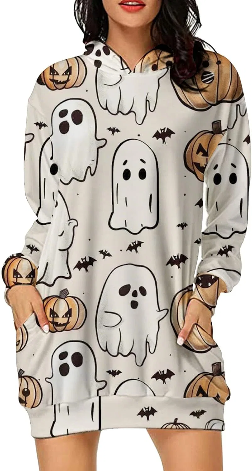 Женское худи-платье с принтом Halloween Ghost, чёрный