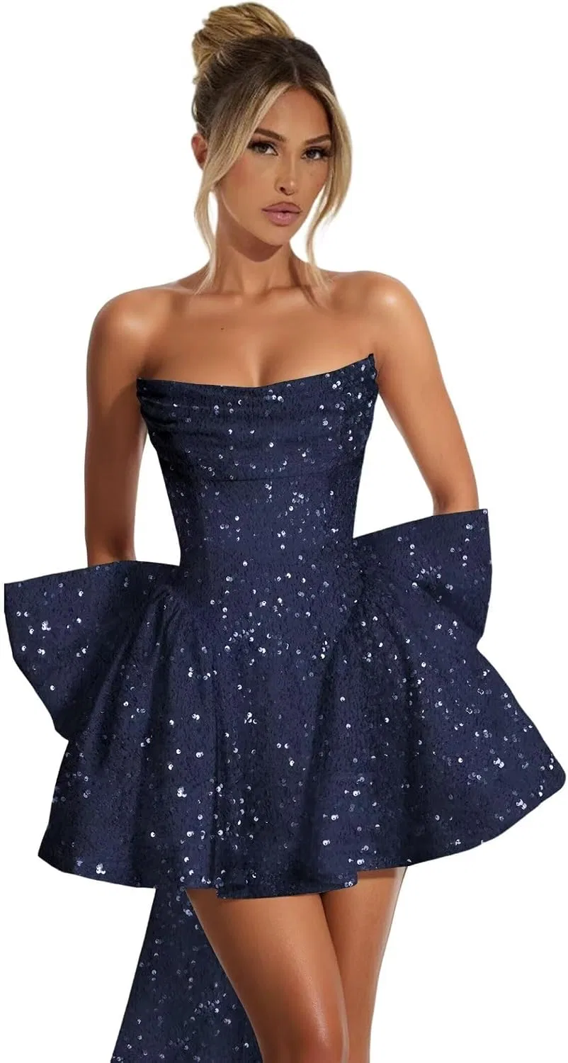 Женское коктейльное платье с пайетками и бантом A-line, Navy Blue