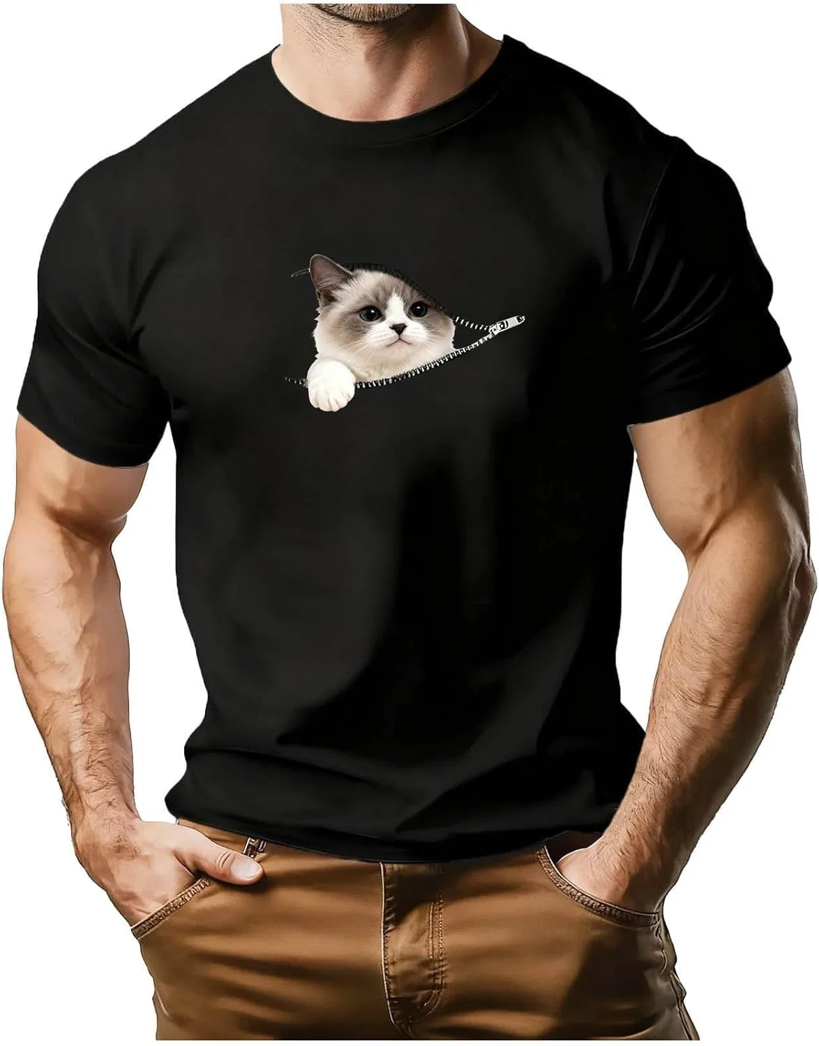 Мужская футболка с графическим принтом Cat in Pocket, Black