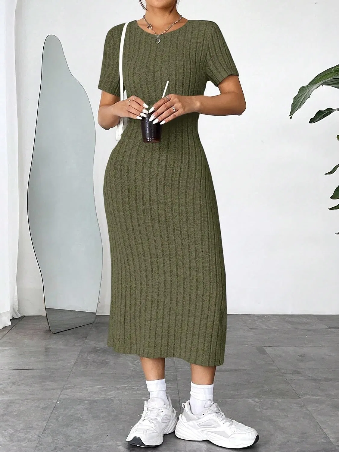 Женское повседневное трикотажное платье миди, Army Green — фото 3