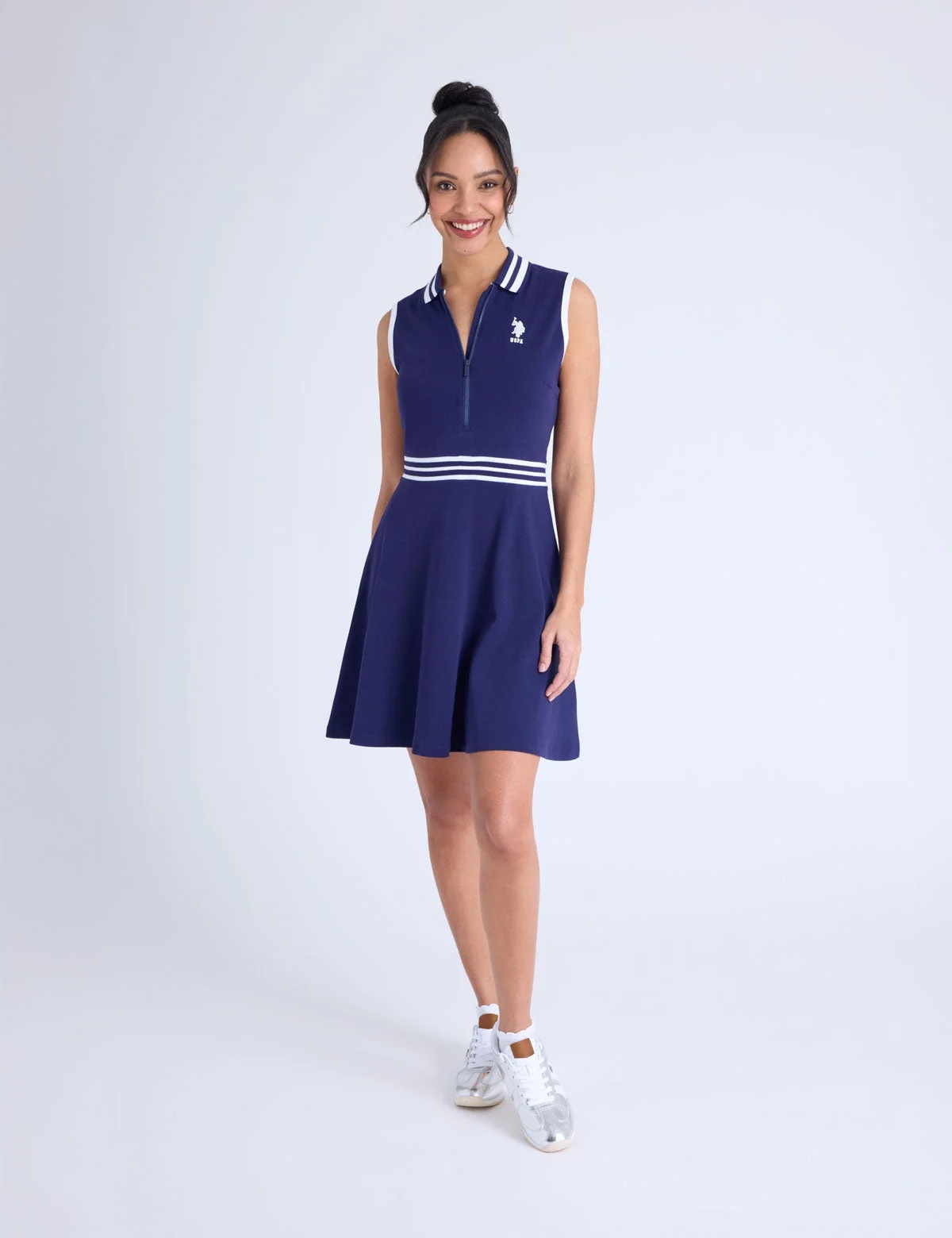 Женское платье U.S. Polo Assn. Sleeveless Zip Placket Fit & Flare Polo, темно-синий — фото 3