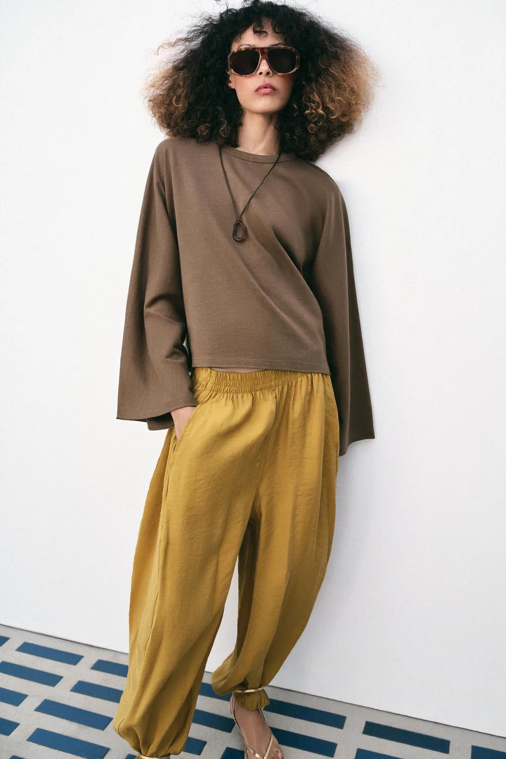 Хлопковая футболка с широкими рукавами ZARA, Mink