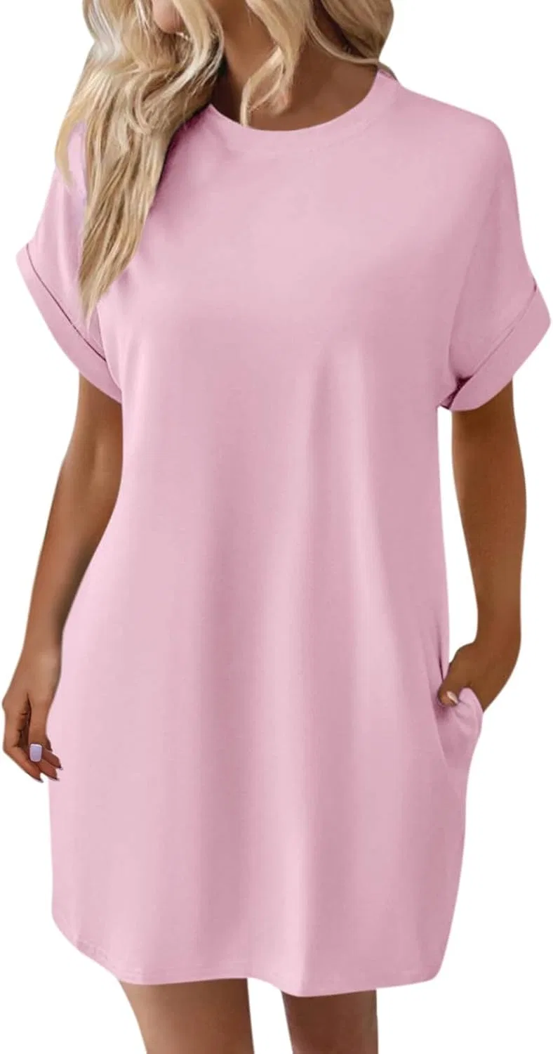 Женское повседневное платье-футболка с коротким рукавом, Pink