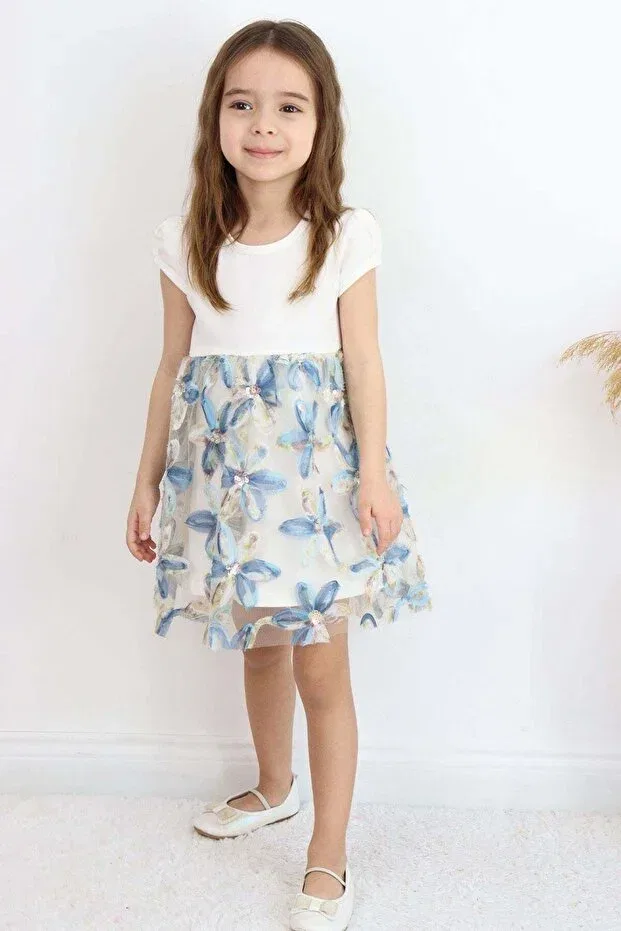 Детское платье для девочек с цветочным принтом 3D Daisy Flower Applique And Sequin Detail Breeze, Ecru — фото 3
