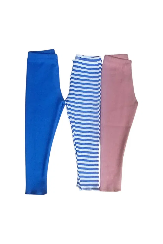 Детские леггинсы для девочек хлопковые 3-предметный набор Fun Kids Colthinig, Blue-Striped-Blue-Rose-Pink