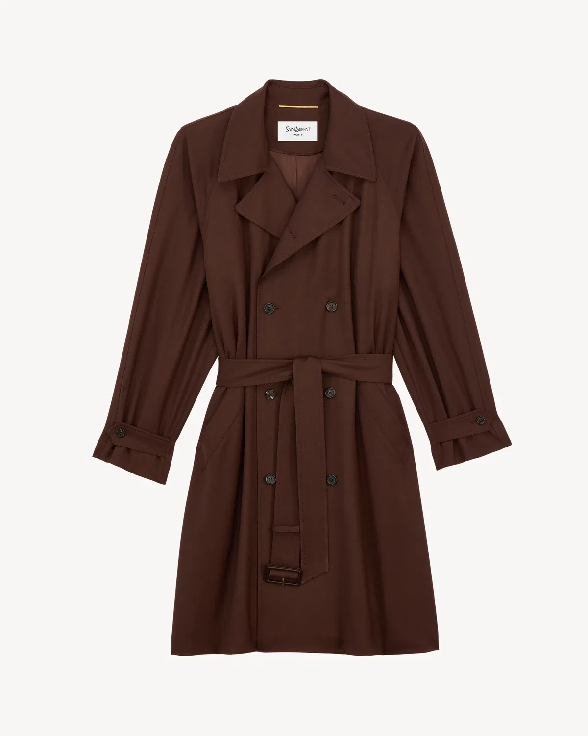 Тренчкот из шерстяной габардины, двубортный, Saint Laurent, коричневый