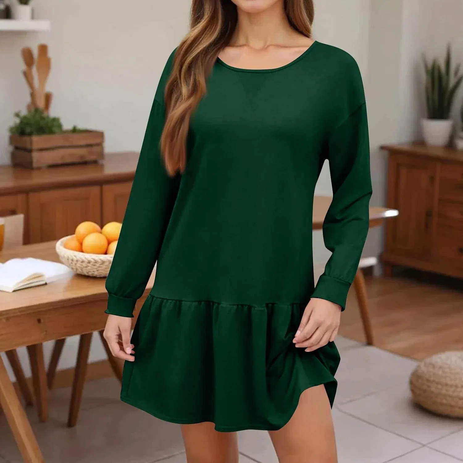Женское мини-платье-свитшот свободного кроя с длинным рукавом, Dark Green — фото 2