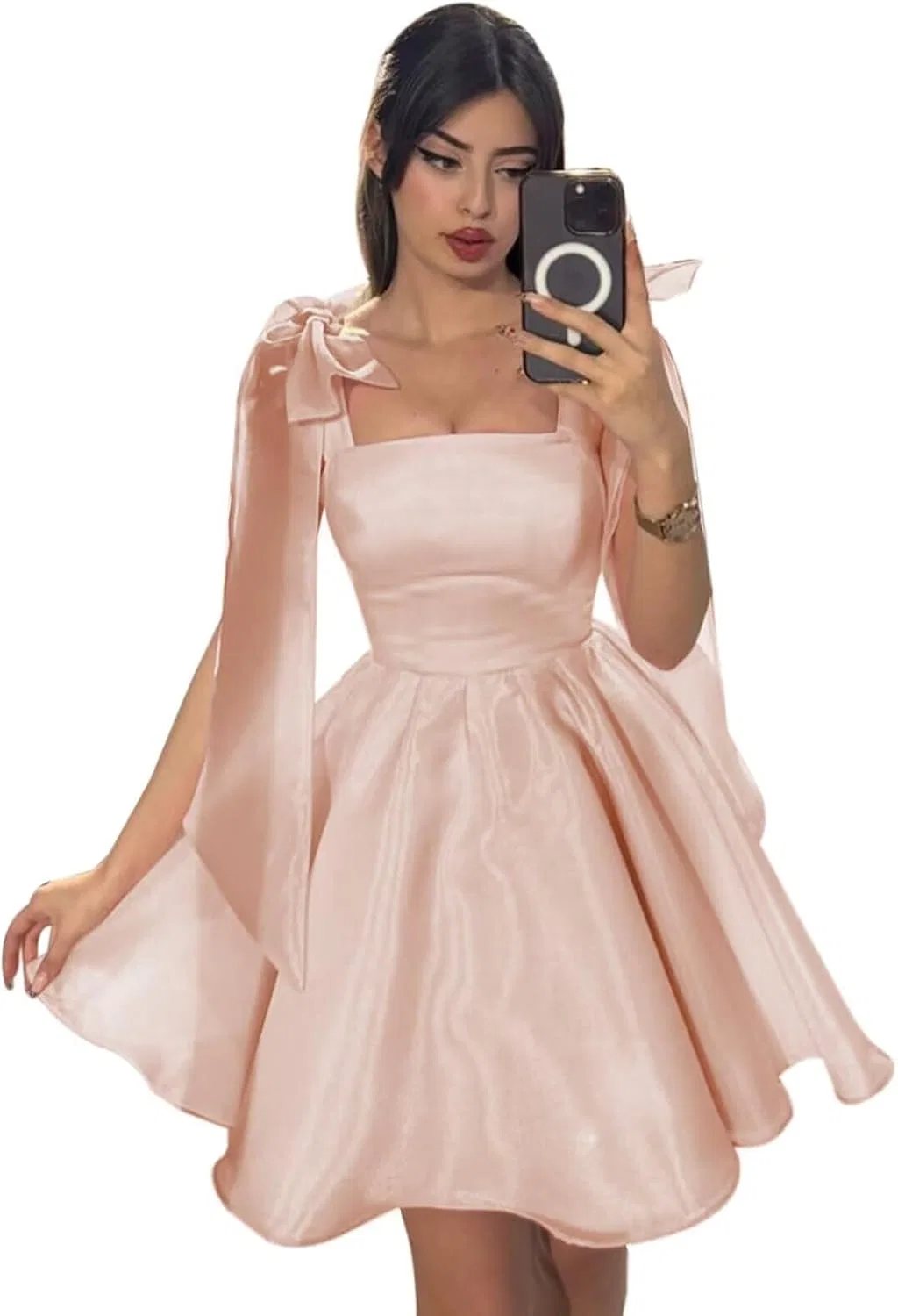 Женское короткое платье из фатина с корсетом и бантом, Peach Pink