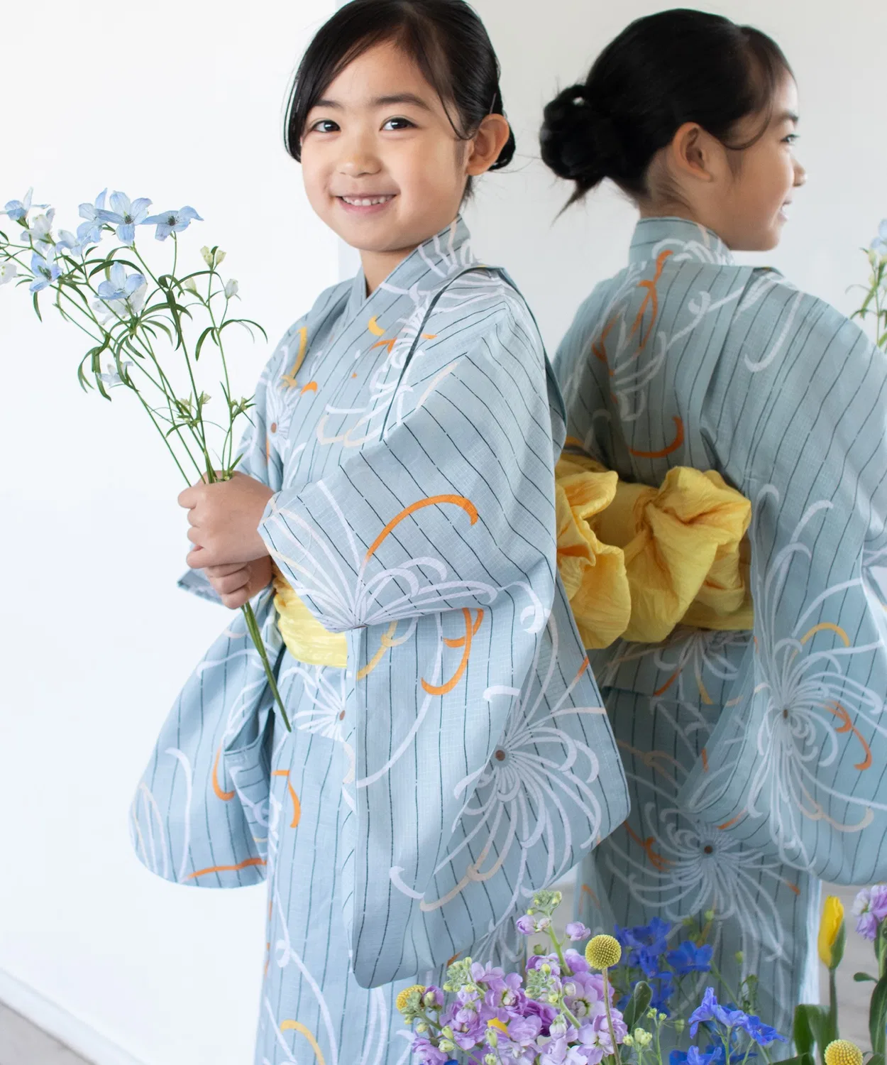 Детское кимоно-юката с растительным принтом, комплект из 3 предметов Yukata-kan Grace, Blue