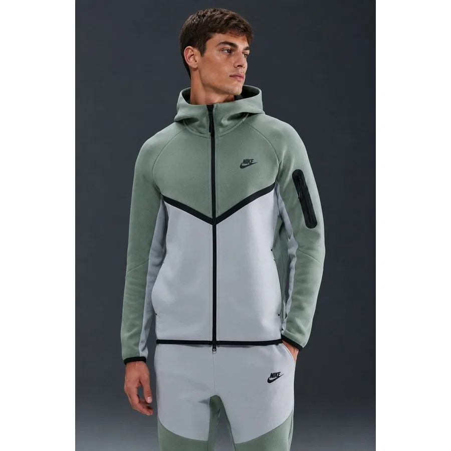 Свитшот мужской с капюшоном Tech Fleece Full Zip Windrunner Nike, Зелено-серый — фото 3