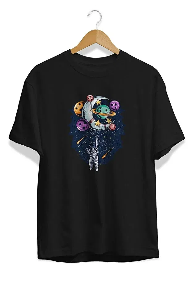 Детская футболка для девочек с принтом Planet Balloon Astronaut Design Oversize Baxia, Black