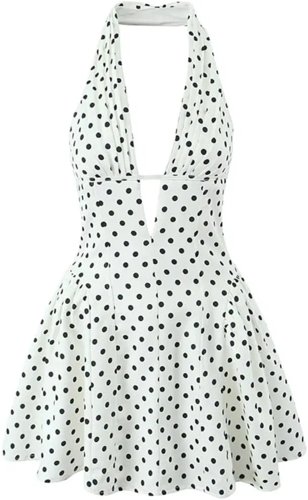Женское мини-платье с горошком и глубоким декольте, French Retro Polka Dot, White