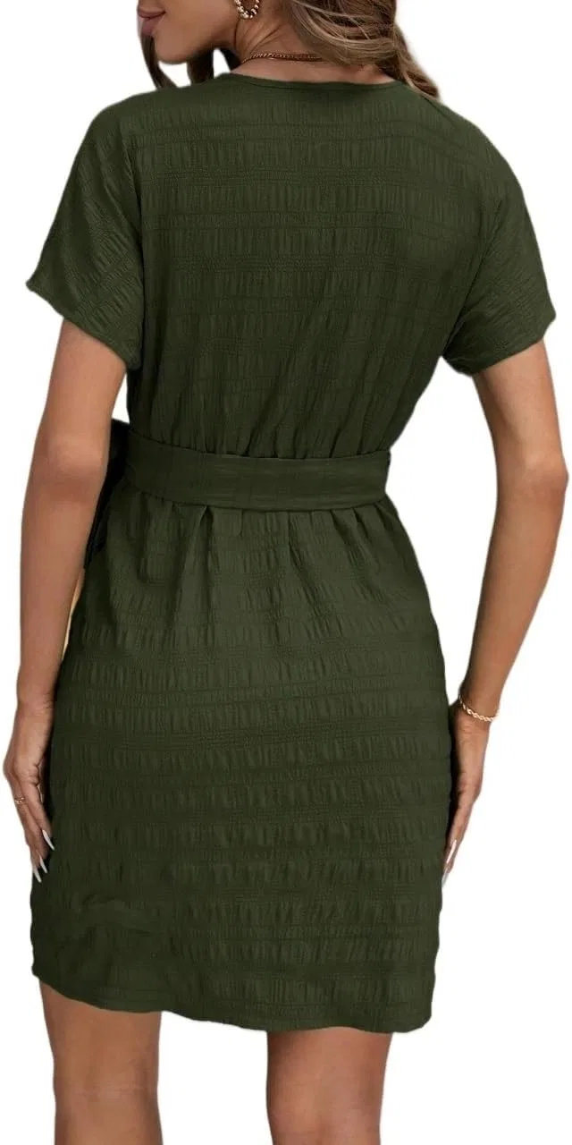 Женское повседневное платье с запахом и узлом на талии, короткий рукав, Army Green — фото 3