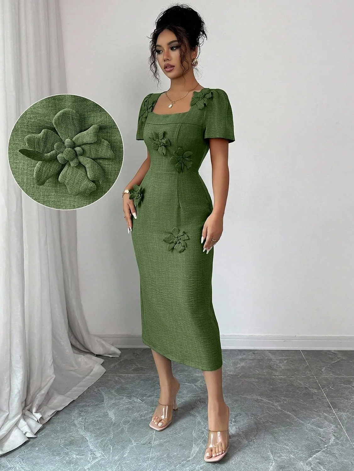 Женское миди-платье с квадратным вырезом и пышными рукавами, Army Green — фото 4