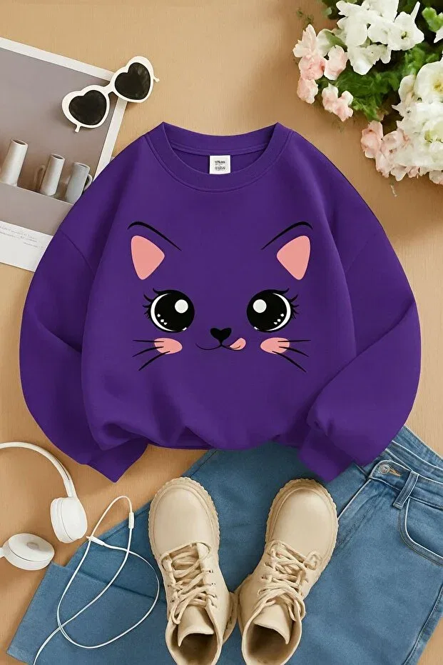 Детские свитшот для девочек с принтом Kedi̇Ci̇K Dm Dolce More, Purple