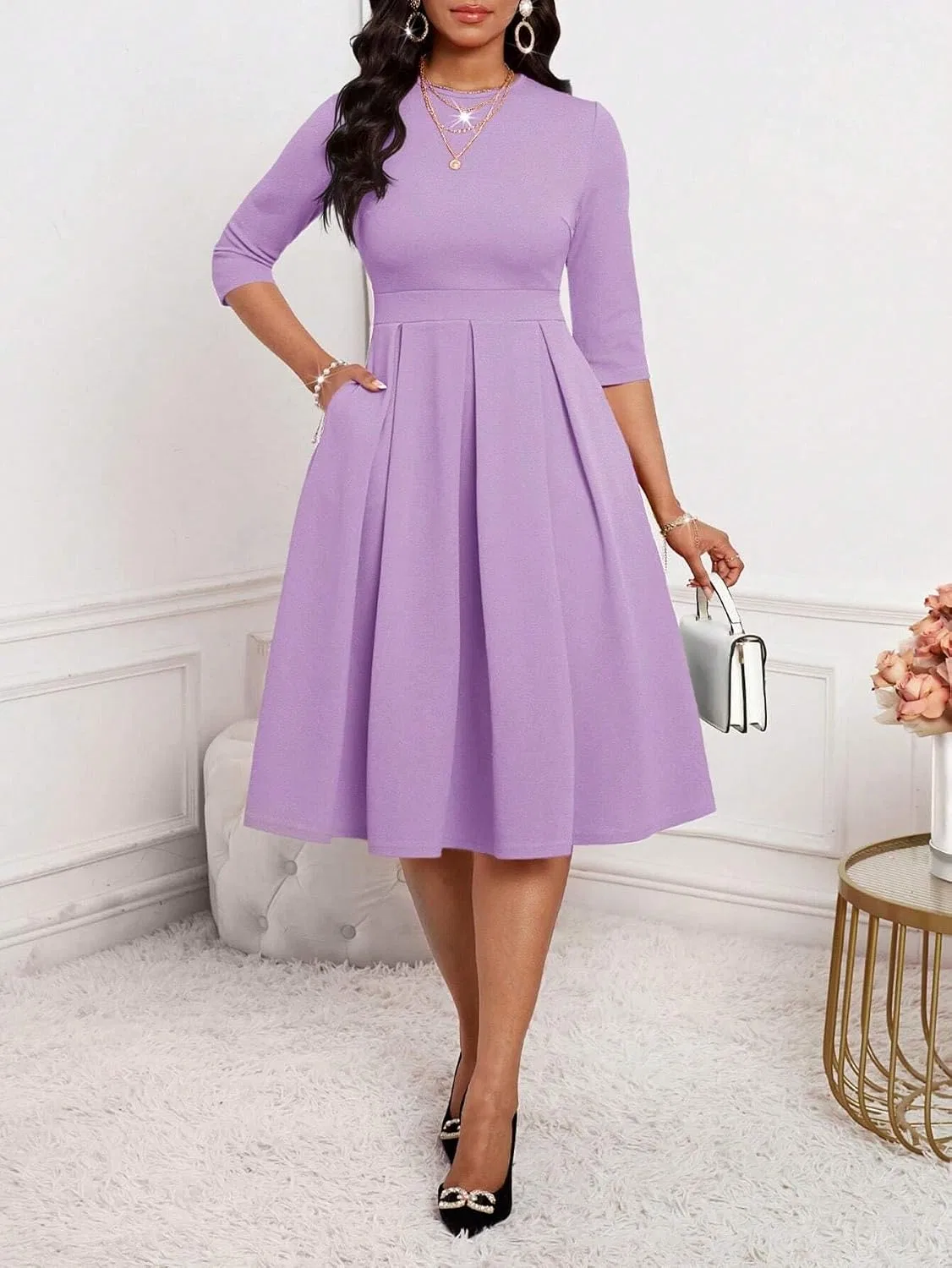Женское элегантное платье A-силуэта с плиссе, Lilac Purple — фото 3