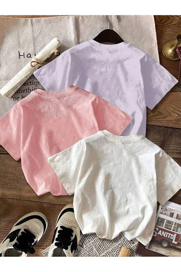 Детский комплект футболок для девочек с принтом Girl's cappybara printed 3-piece set Cc Collection, Pink-White-Lilac — фото 3
