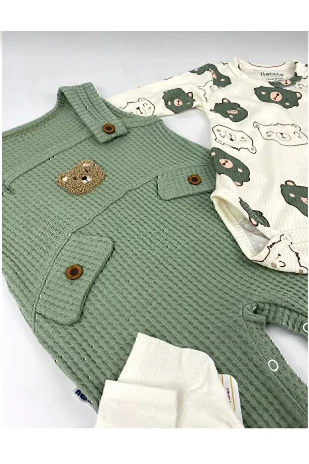 Детский комбинезон с принтом Nafi̇Tto bear embroidered baby boy salopet set of 3 - bodysuit, salopet and socks Babywings, Green — фото 4