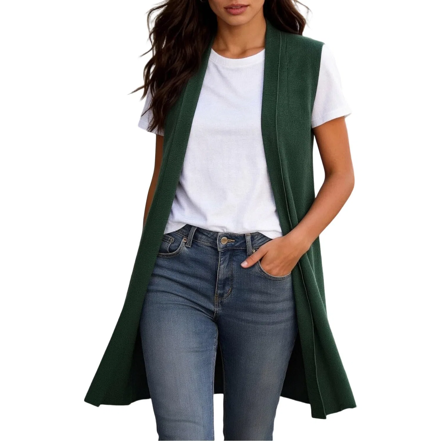 Женский длинный кардиган без рукавов, Verde