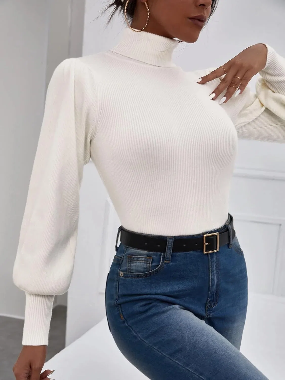 Женский свитер с высоким воротом и длинным рукавом, Rib-Knit, белый — фото 4