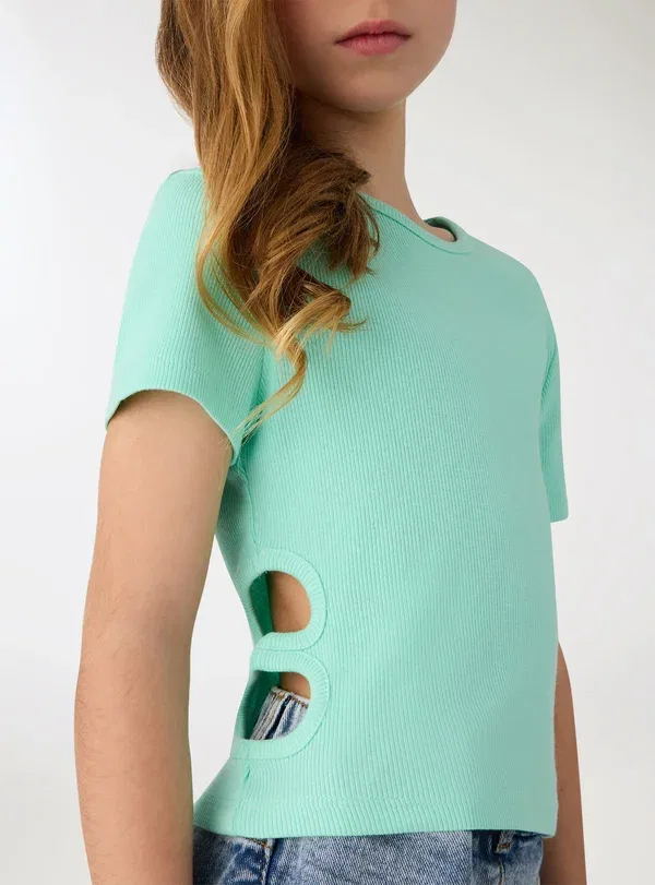 Футболка укороченная с вырезом, хлопок, Crop con cut-out - print t-shirt, Terranova, светло-зеленый водный — фото 4