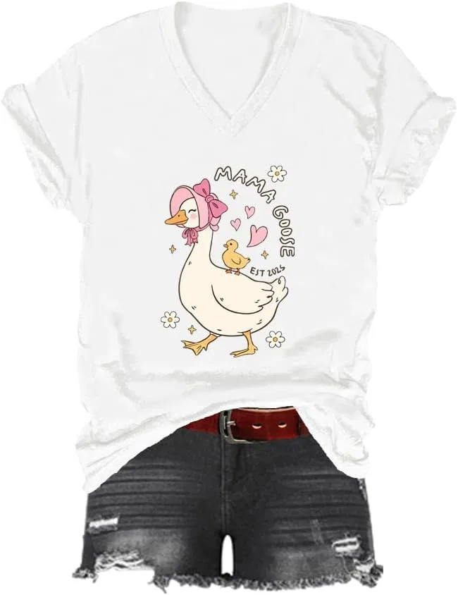 Женская футболка с принтом V-образным вырезом, Cotton, White