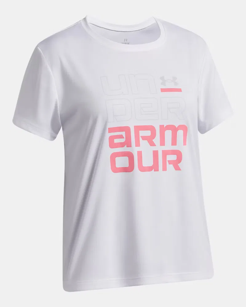 Футболка для девочек с коротким рукавом, быстросохнущая, UA Tech Split Wordmark UnderArmour, White/Bittersweet Pink — фото 3