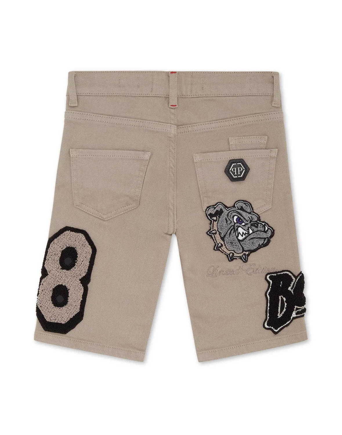 Детские шорты-бермуды из денима с вышитыми нашивками Fermentera Shorts Bulldogs PHILIPP PLEIN, бежевый — фото 2
