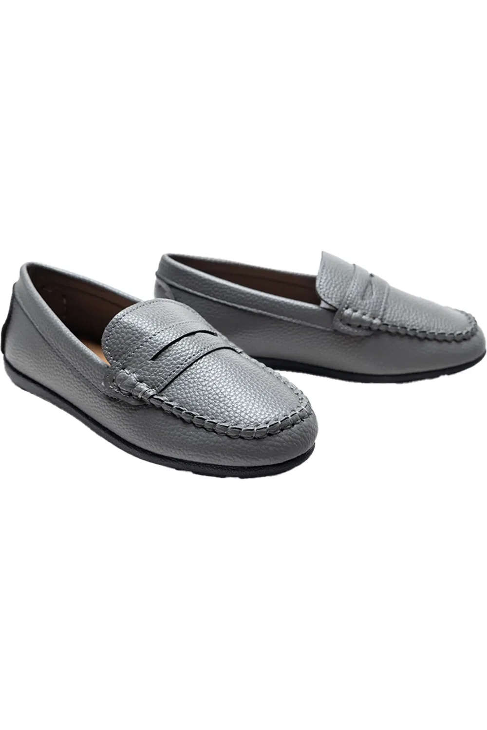 Детские туфли лоферы на плоской подошве Leather Penny Loafers MOUSTACHE, серый — фото 3