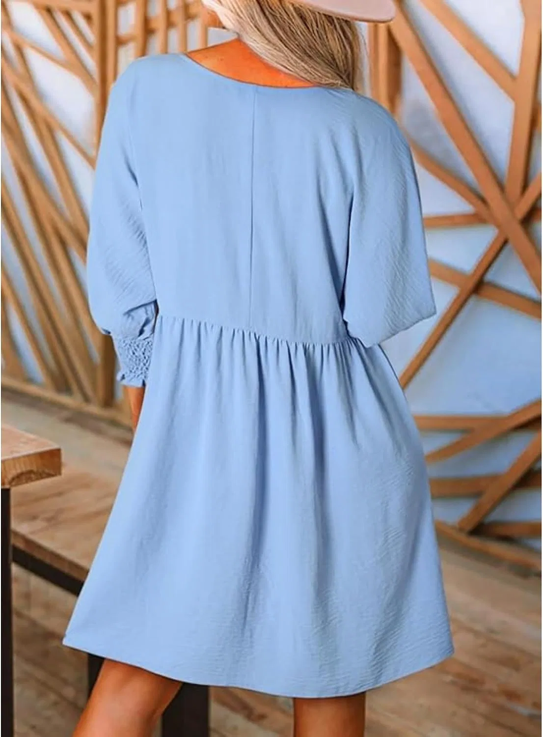 Женское мини-платье с рукавами-фонарик, Solid Crew Neck Dress, Light Blue — фото 4