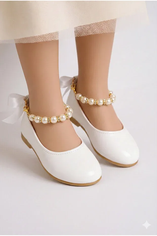 Детские балетки для девочек с жемчугом Shiny White Ankle Pearl Detailed Girls' Ballerinas With Bow Ribbon Kateyler, Bright White