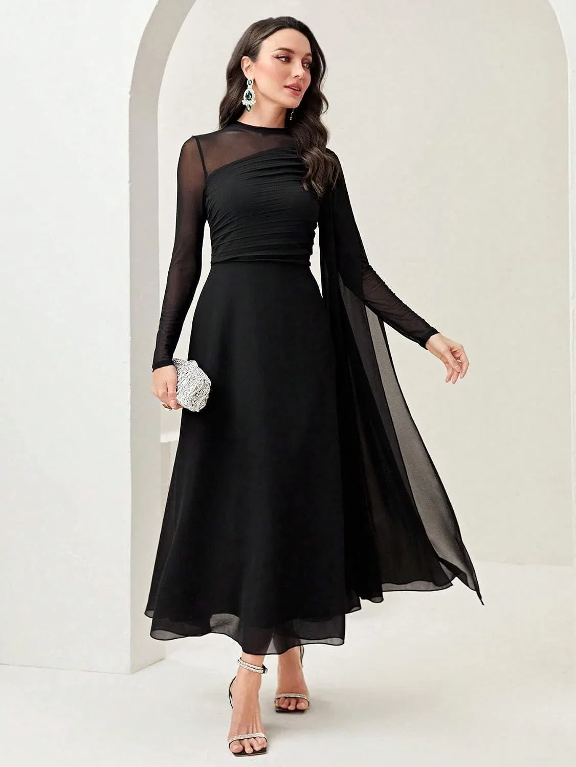 Женское длинное платье A-силуэта с воротником-стойкой, Black — фото 3