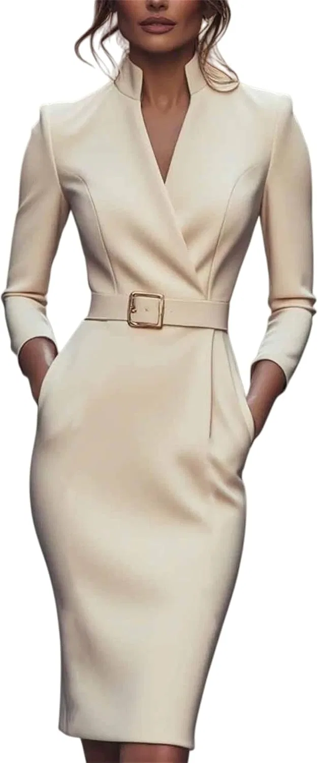 Женское приталенное платье-футляр с мандариновым воротником, Light Khaki