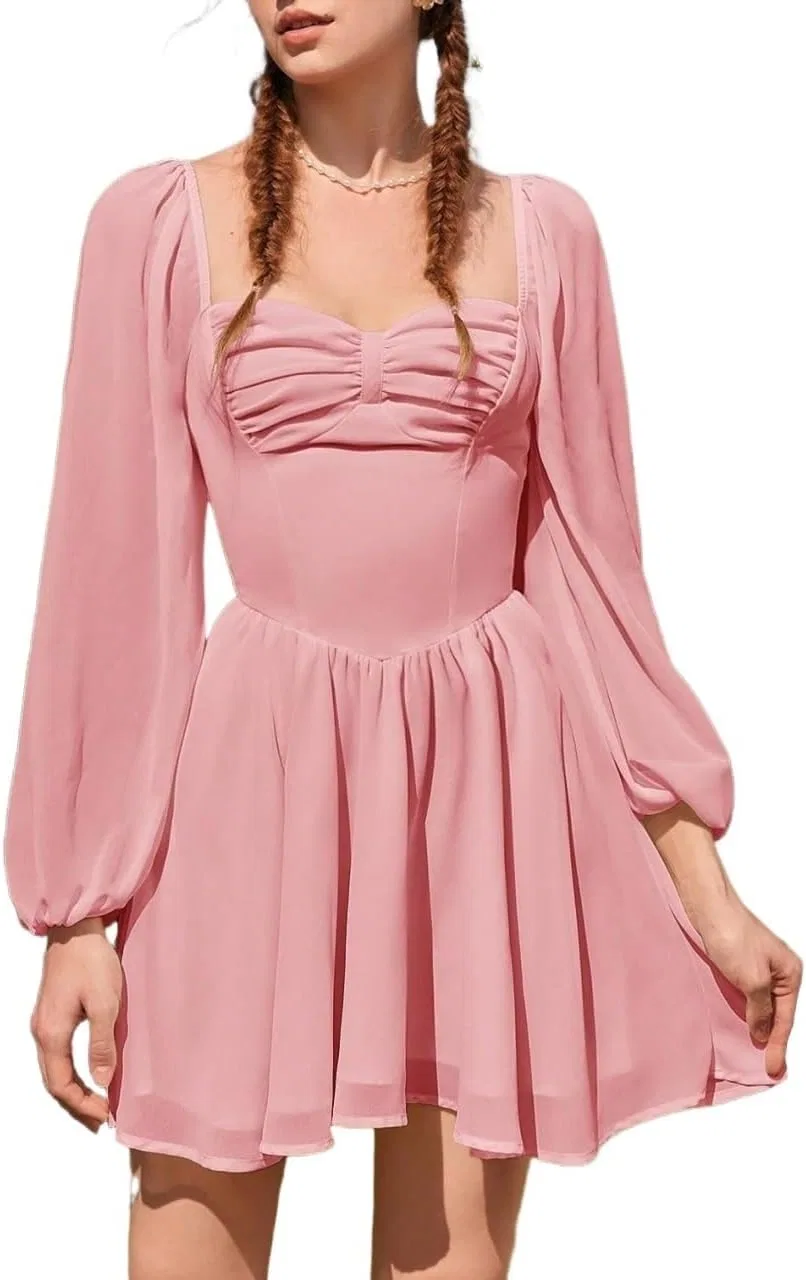 Женское повседневное платье A-силуэта с рукавами-фонариками, Coral Pink