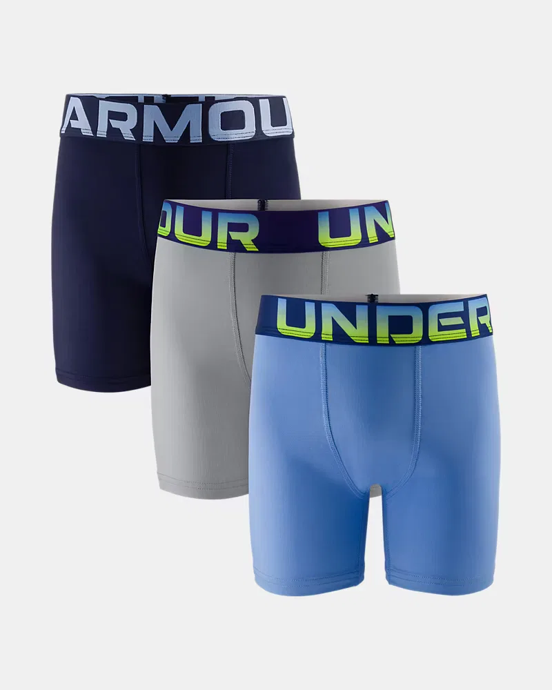 Трусы-боксеры детские 10 см быстросохнущие, 3 шт, UA Performance Tech UnderArmour, Blue Fog/Horizon Blue/High Vis Yellow