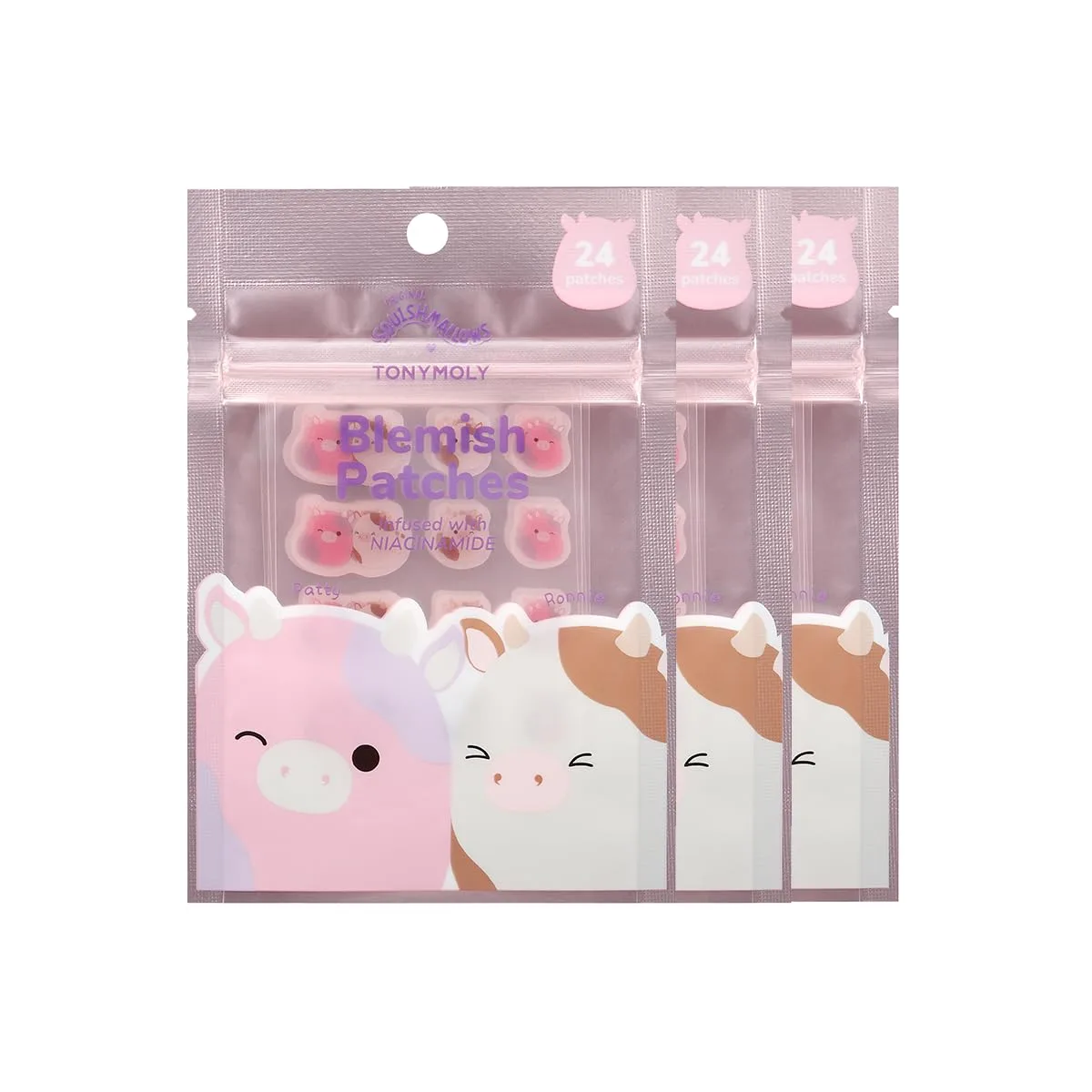 Пластыри от прыщей TONYMOLY x Squishmallows «Корова Пэтти» + «Корова Ронни» - гидроколлоидные пластыри от прыщей с ниацинамидом для лица - милые корейские наклейки от прыщей - 24 штуки Набор из 3 штук