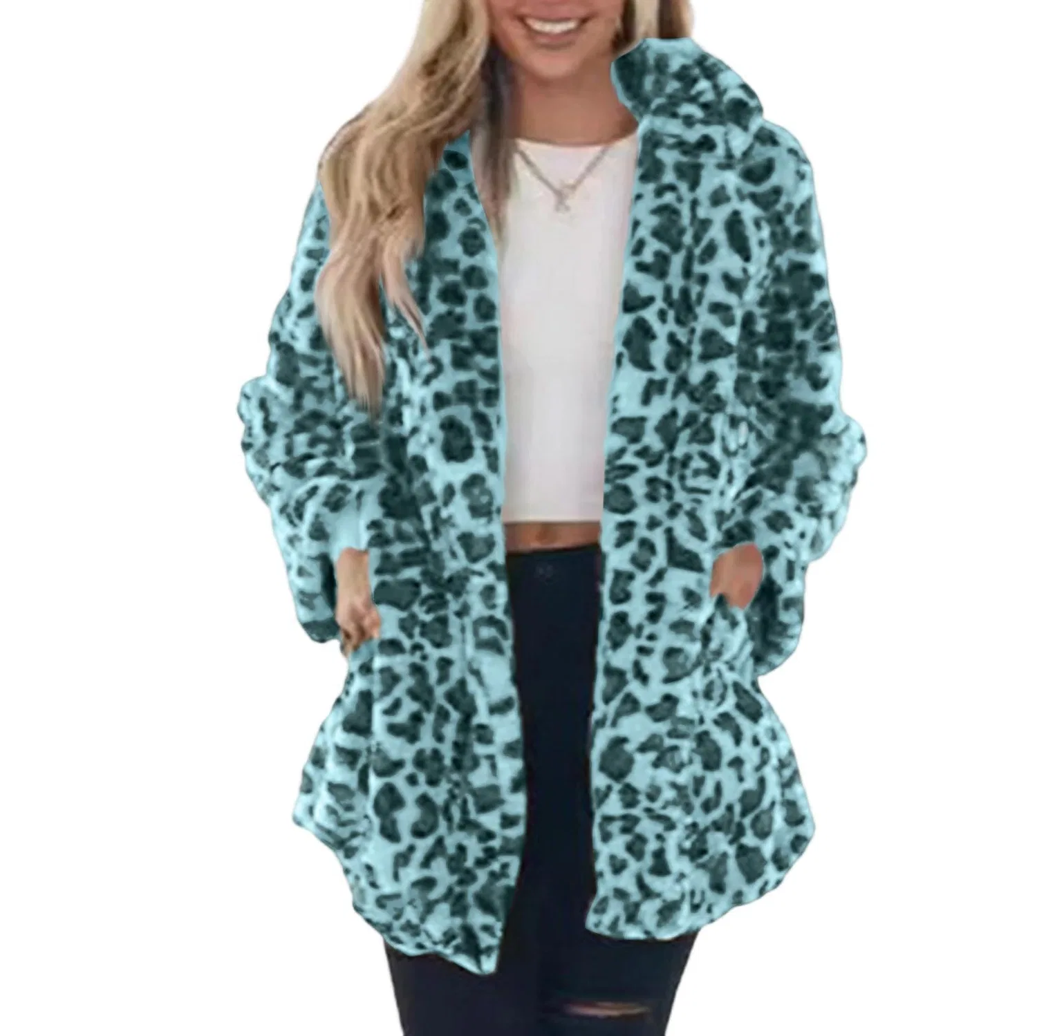 Женское пальто с принтом леопарда Women Fleece Jacket Open Front Stand Collar Leopard Print Fluffy Thick Warm Winter Coat, Verde Menta — фото 3