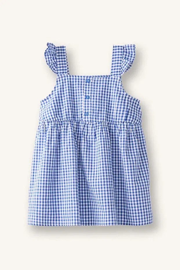 Детское платье для девочек с принтом Gingham Strappy Seersucker Textured Sax Blue Defacto, Blue-Be181