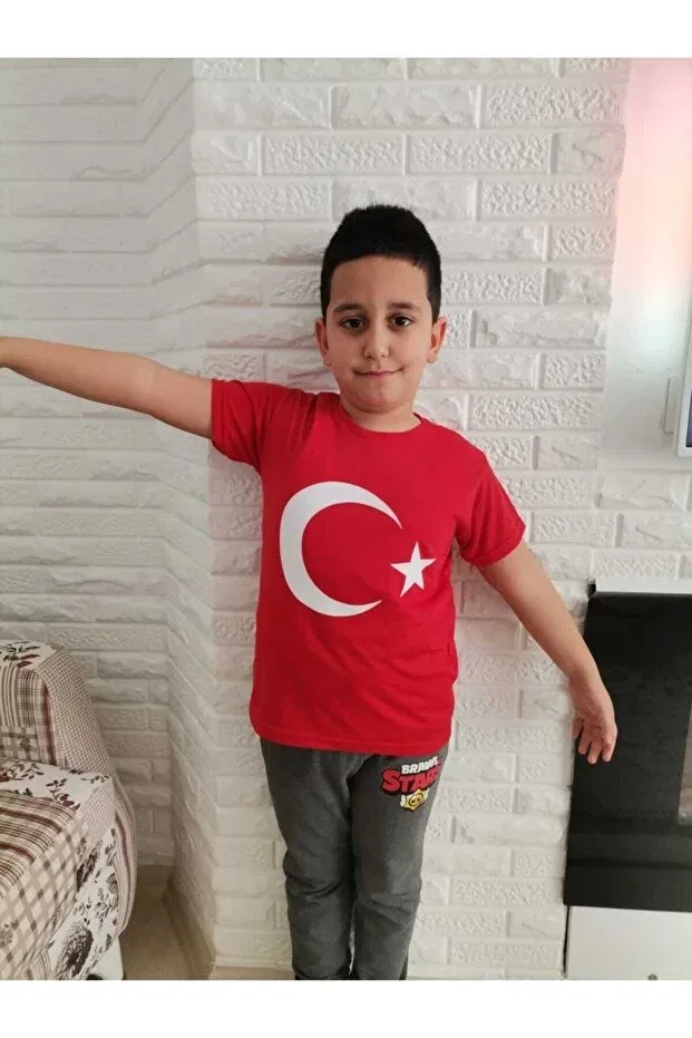 Детская футболка для мальчиков с принтом Turkish Flag Printed Red Single Jersey T-Shirt Hakem Triko, Red — фото 2